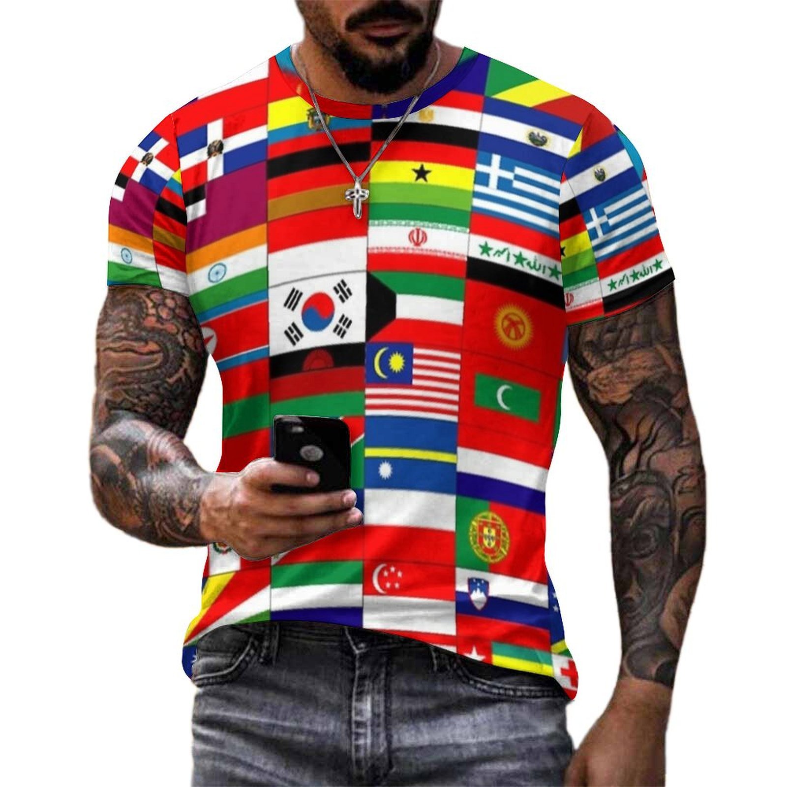 Summer Clothing Ideas Men - 격자무늬 플래그 콜라주 프린트 티셔츠, 남성용,