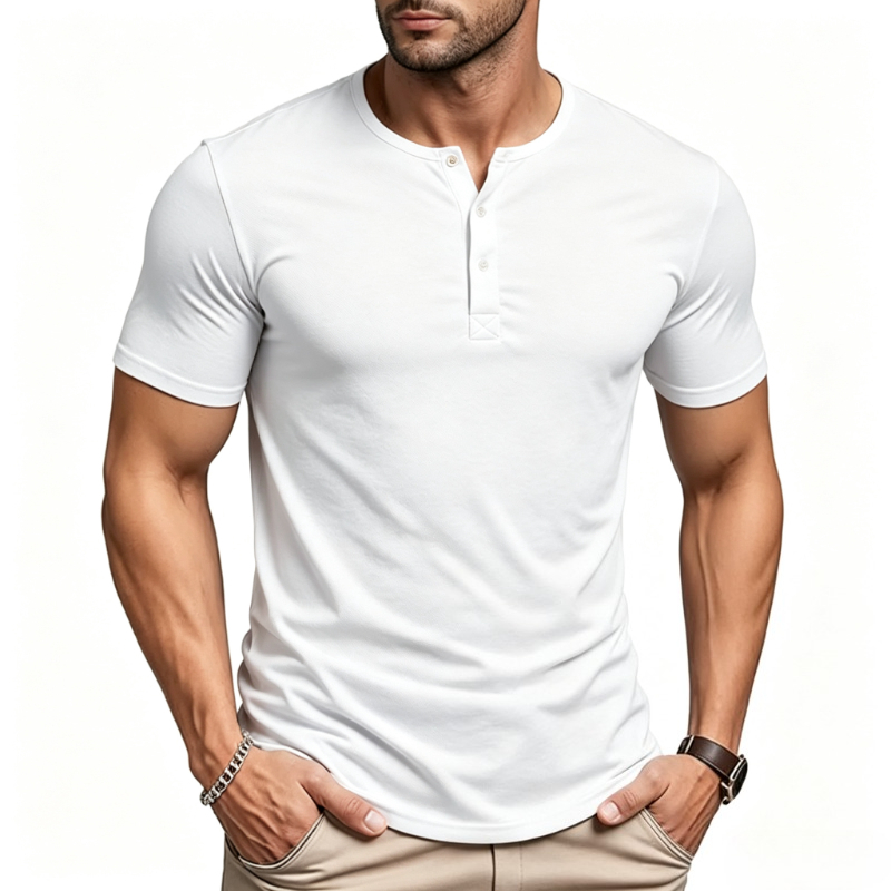 Summer Clothing Types - 남성용 반소매 헨리넥 티셔츠 단색 남성