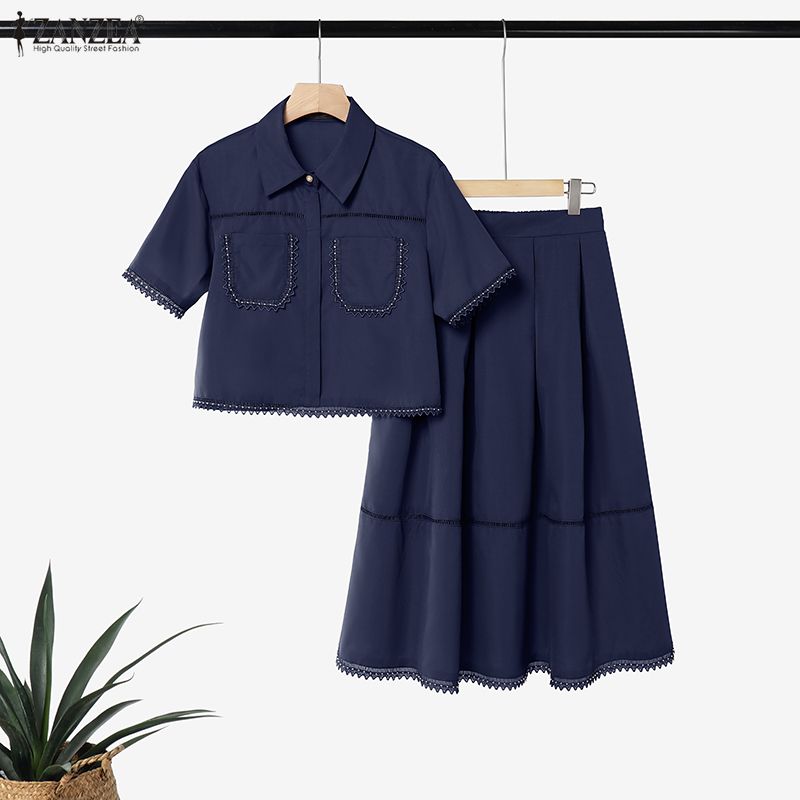 여성용 레이스 패치워크 스커트 세트 반팔 칼라 크롭 블 - Summer Alt Clothing 리뷰 및 가격