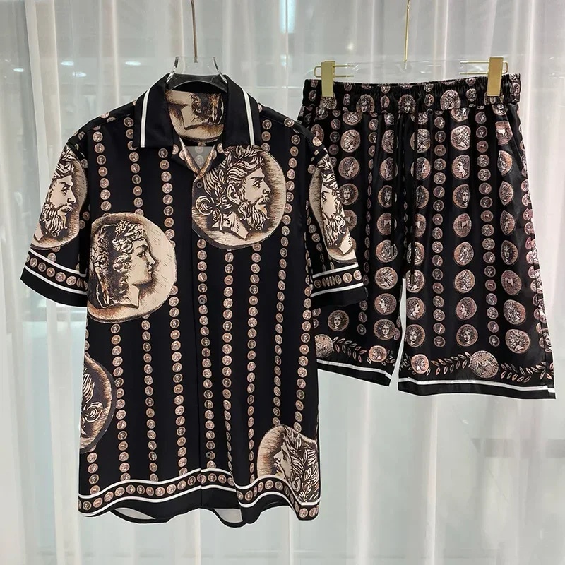 로얄 럭셔리 남성 셔츠 세트 빈티지 패턴 캐릭터 프린트 - Summer Clothing Types 리뷰 및 가격